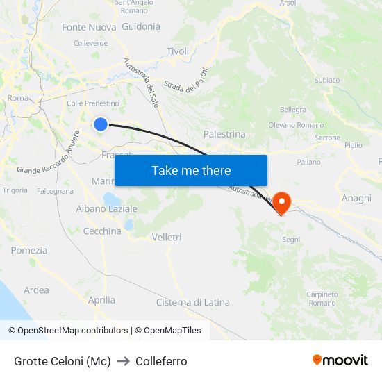 Grotte Celoni (Mc) to Colleferro map