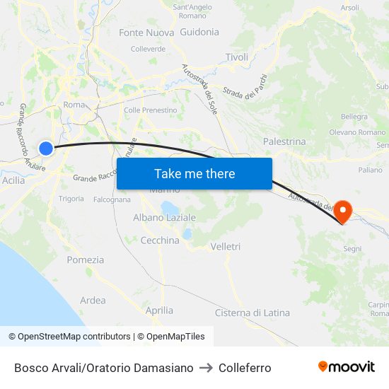 Bosco Arvali/Oratorio Damasiano to Colleferro map