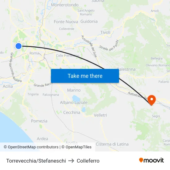 Torrevecchia/Stefaneschi to Colleferro map
