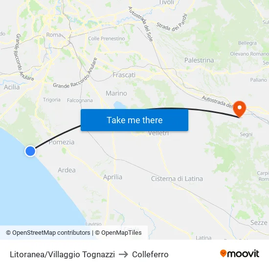 Litoranea/Villaggio Tognazzi to Colleferro map