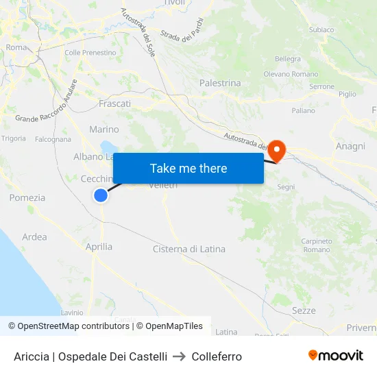 Ariccia | Ospedale Dei Castelli to Colleferro map