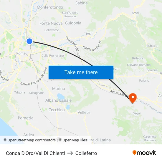 Conca D'Oro/Val Di Chienti to Colleferro map