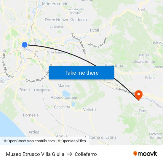 Museo Etrusco Villa Giulia to Colleferro map