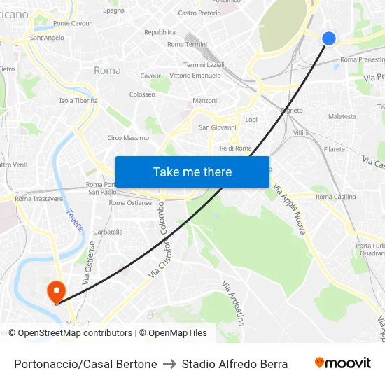 Portonaccio/Casal Bertone to Alfredo Berra Stadium map