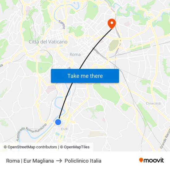 Roma | Eur Magliana to Policlinico Italia map