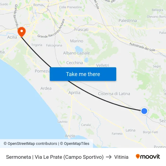 Sermoneta | Via Le Prate (Campo Sportivo) to Vitinia map