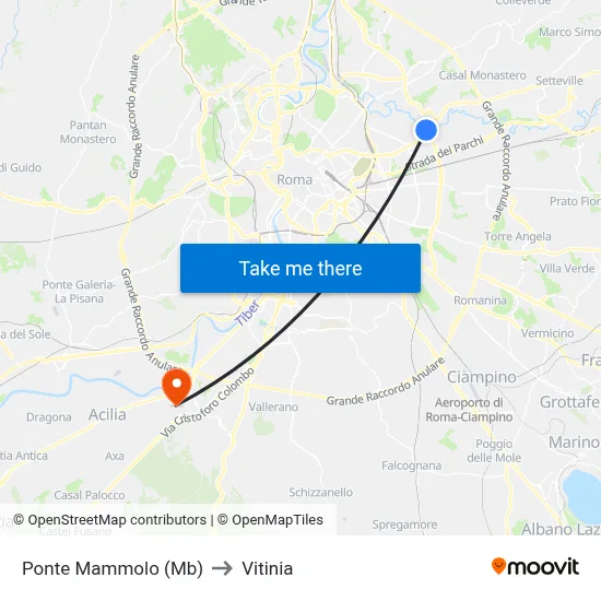 Ponte Mammolo (Metro B) to Vitinia map