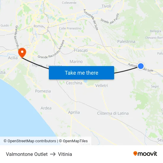 Valmontone Outlet to Vitinia map