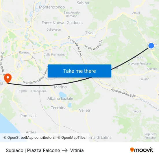 Subiaco | Piazza Falcone to Vitinia map