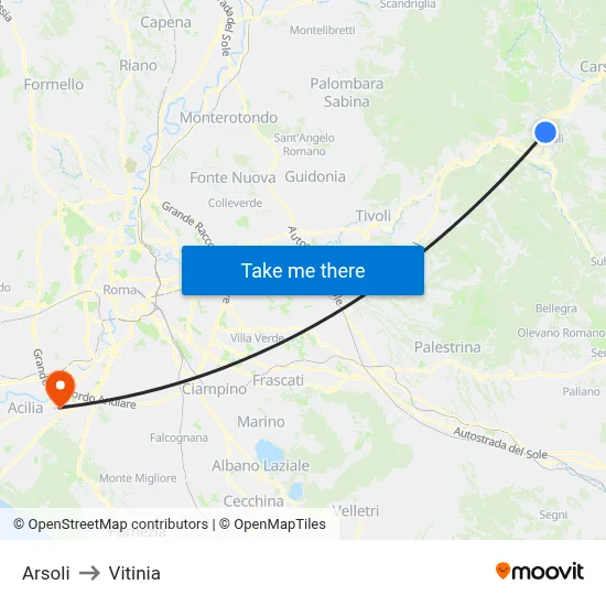 Arsoli to Vitinia map