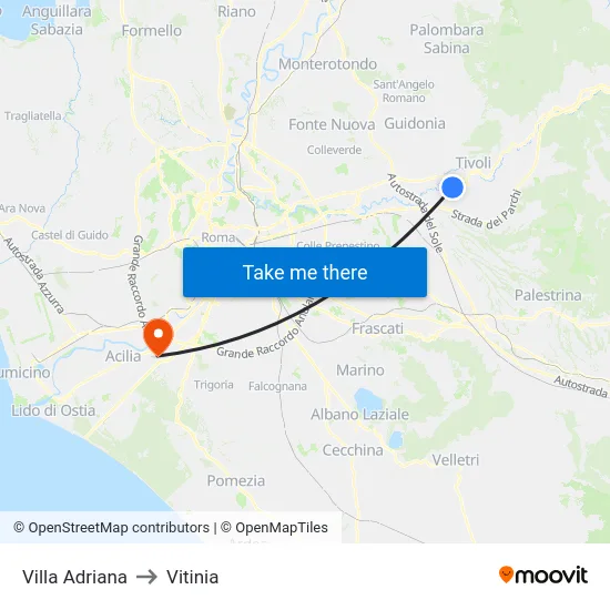 Villa Adriana to Vitinia map