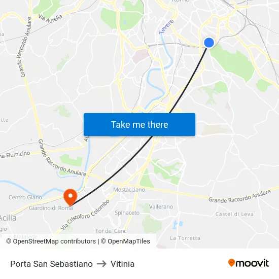 Porta San Sebastiano to Vitinia map