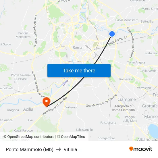 Ponte Mammolo (Metro B) to Vitinia map