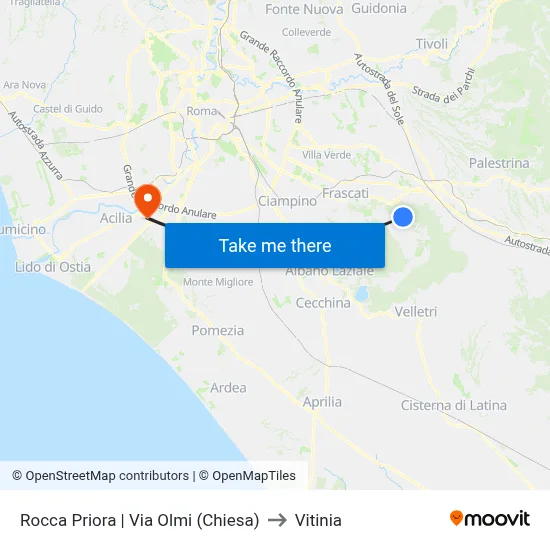 Rocca Priora | Via Olmi (Church) to Vitinia map