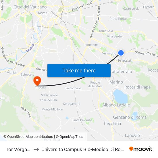 Tor Vergata to Università Campus Bio-Medico Di Roma map