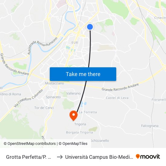 Grotta Perfetta/P. Mirandola to Università Campus Bio-Medico Di Roma map