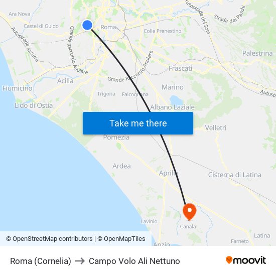 Roma (Cornelia) to Campo Volo Ali Nettuno map
