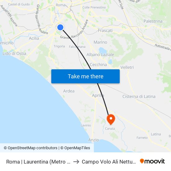 Roma | Laurentina (Metro B) to Campo Volo Ali Nettuno map