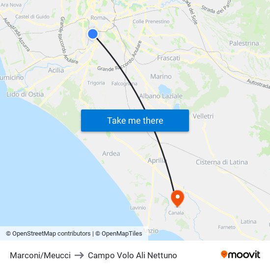 Marconi/Meucci to Campo Volo Ali Nettuno map