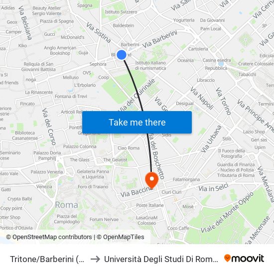 Tritone/Barberini (Ma) to Università Degli Studi Di Roma Tre map