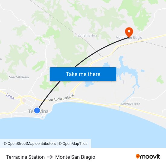 Terracina Station to Monte San Biagio map