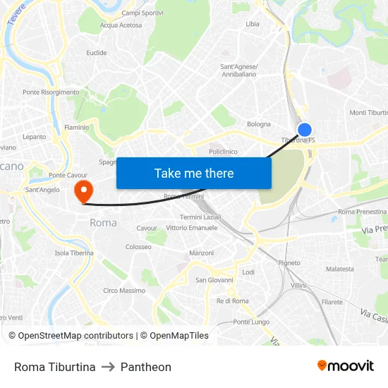 Roma Tiburtina to Pantheon map