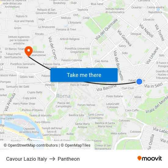Cavour Lazio Italy to Pantheon map