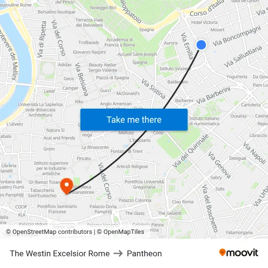 The Westin Excelsior Rome to Pantheon map
