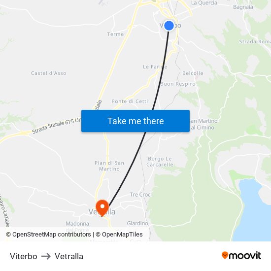 Viterbo to Vetralla map