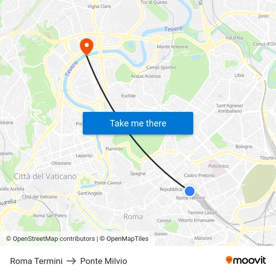 Roma Termini to Ponte Milvio map