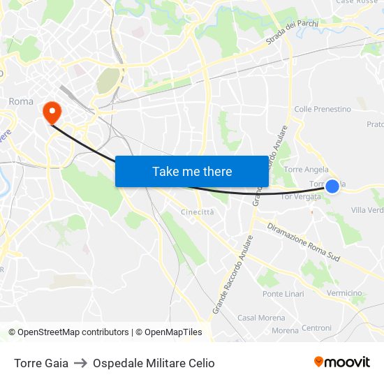 Torre Gaia to Ospedale Militare Celio map