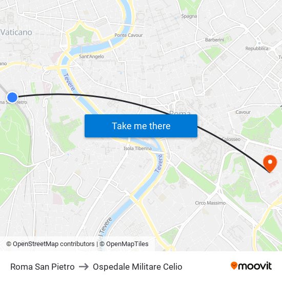 Roma San Pietro to Ospedale Militare Celio map