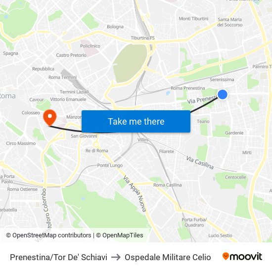 Prenestina/Tor De' Schiavi to Ospedale Militare Celio map