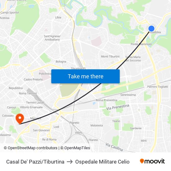 Casal De' Pazzi/Tiburtina to Ospedale Militare Celio map