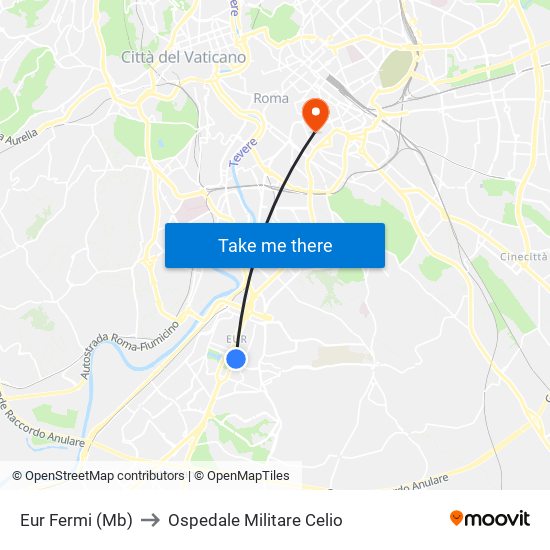 Eur Fermi (Mb) to Ospedale Militare Celio map