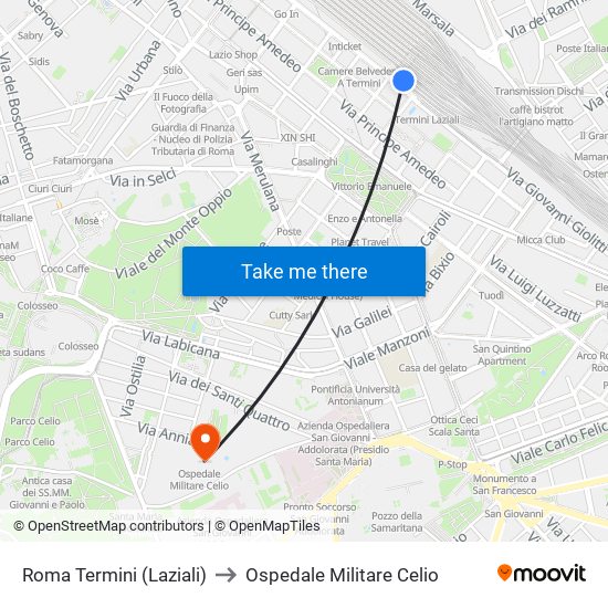 Roma Termini (Laziali) to Ospedale Militare Celio map