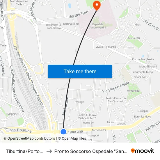 Tiburtina/Portonaccio to Emergency Room Sandro Pertini Hospital map