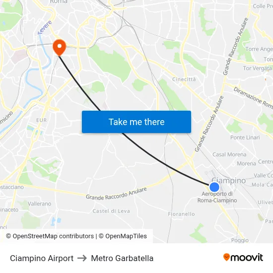 Ciampino Airport to Garbatella Metro Station map