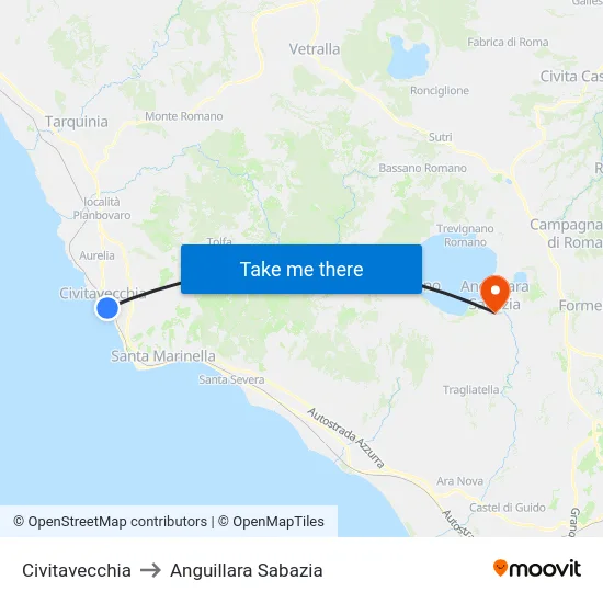 Civitavecchia to Anguillara Sabazia map