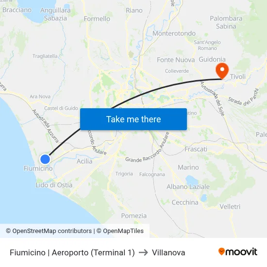 Fiumicino | Airport (Terminal 1) to Villanova map