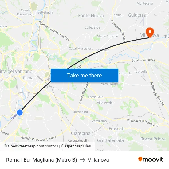 Rome | Eur Magliana (Metro B) to Villanova map