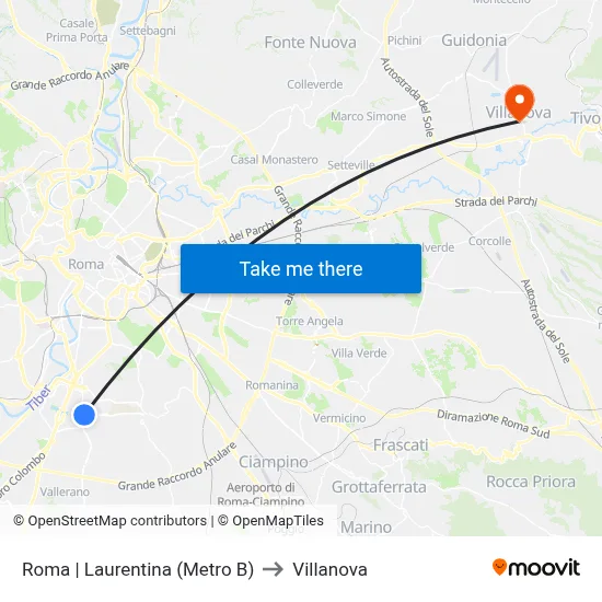 Rome | Laurentina (Metro B) to Villanova map