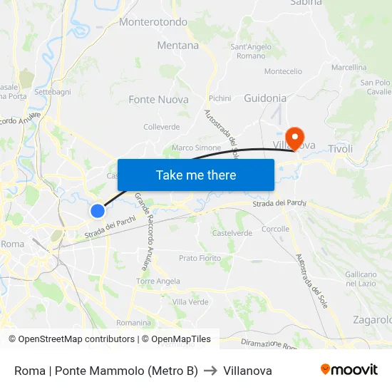 Rome Ponte Mammolo (Metro B) to Villanova map