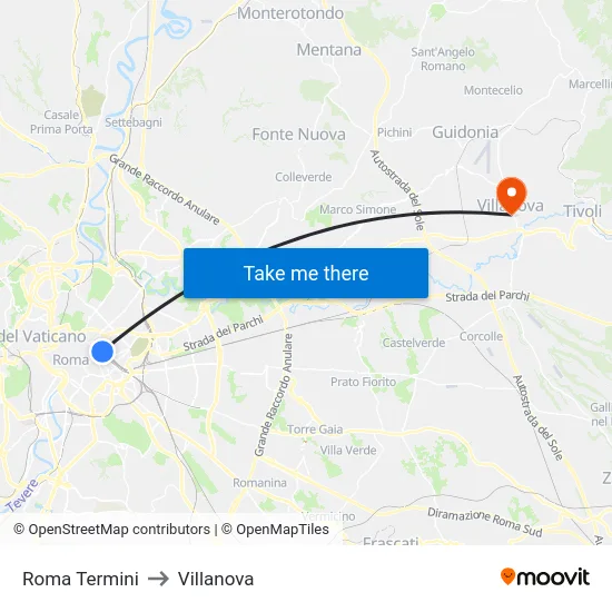 Roma Termini to Villanova map