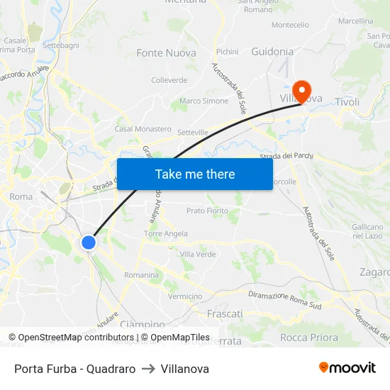 Porta Furba - Quadraro to Villanova map