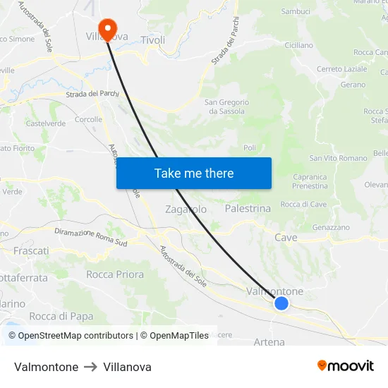 Valmontone to Villanova map