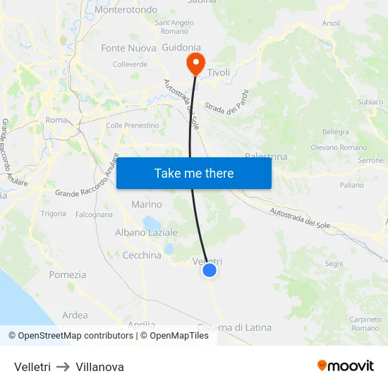 Velletri to Villanova map