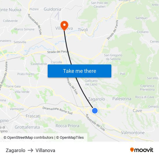 Zagarolo to Villanova map