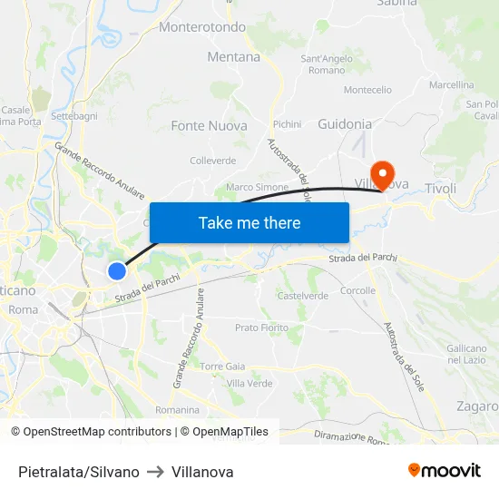 Pietralata/Silvano to Villanova map