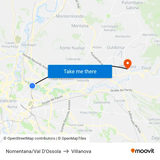 Nomentana/Val D'Ossola to Villanova map